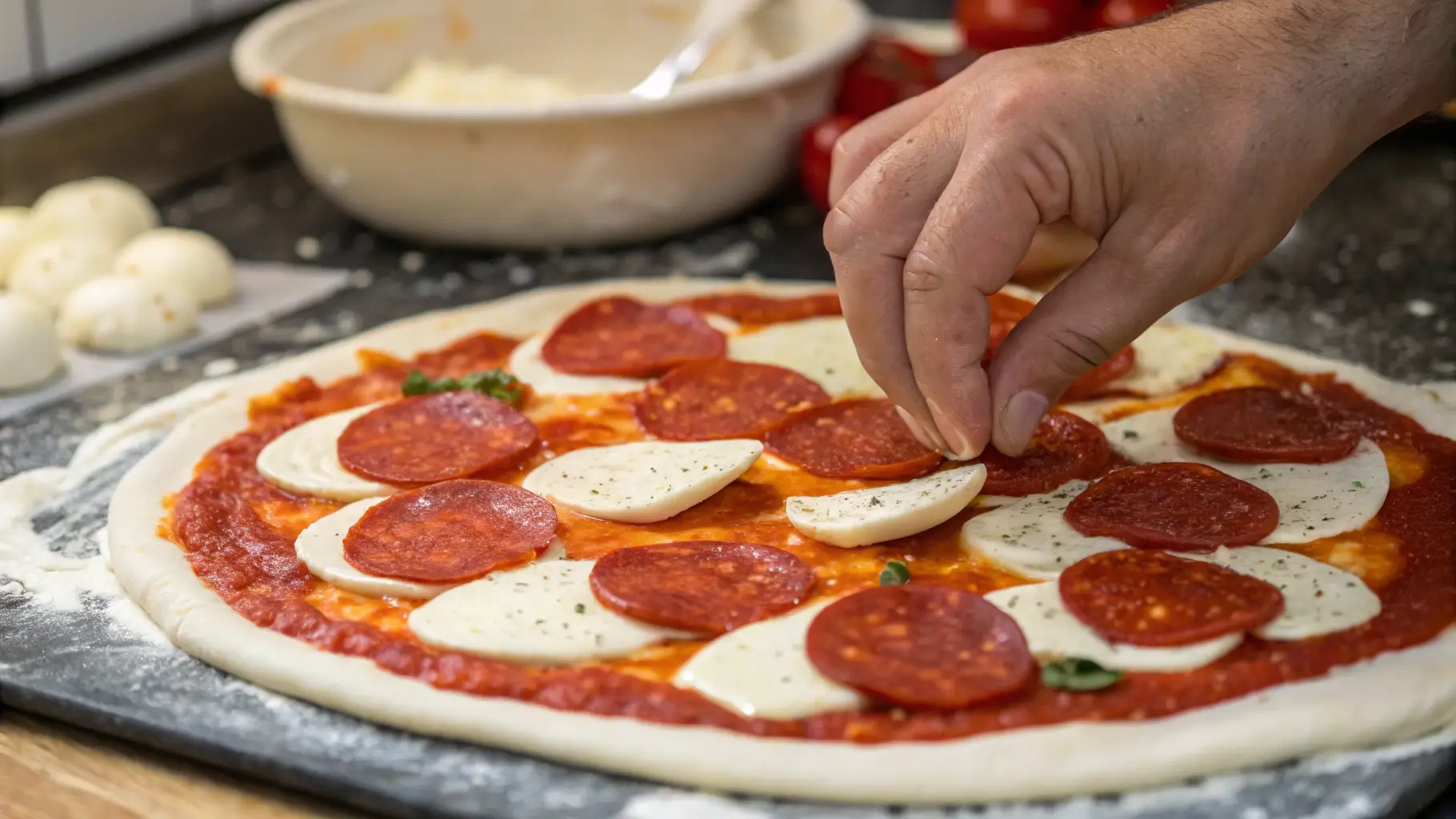 Hand holding thick and thin pepperoni slices over a cutting board.