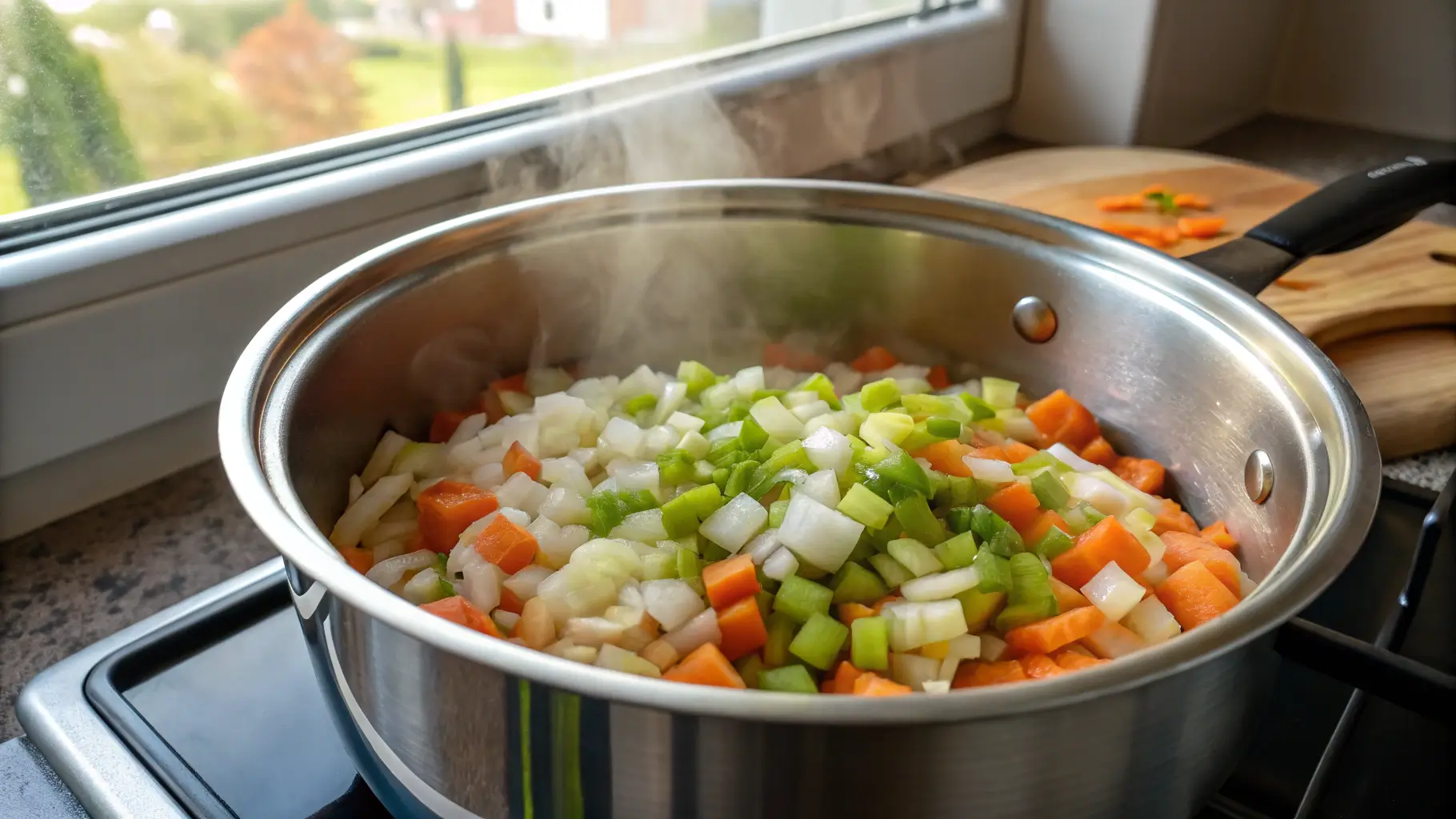 Ladle of cooked rice being added to chicken and rice soup.