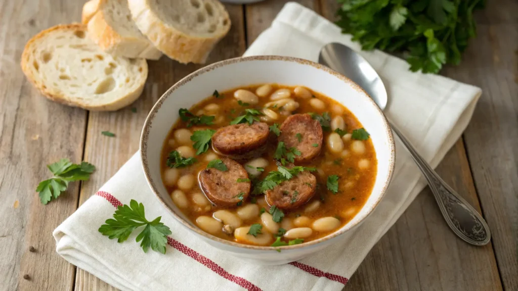 Hearty sausage and white bean soup with fresh herbs and bread