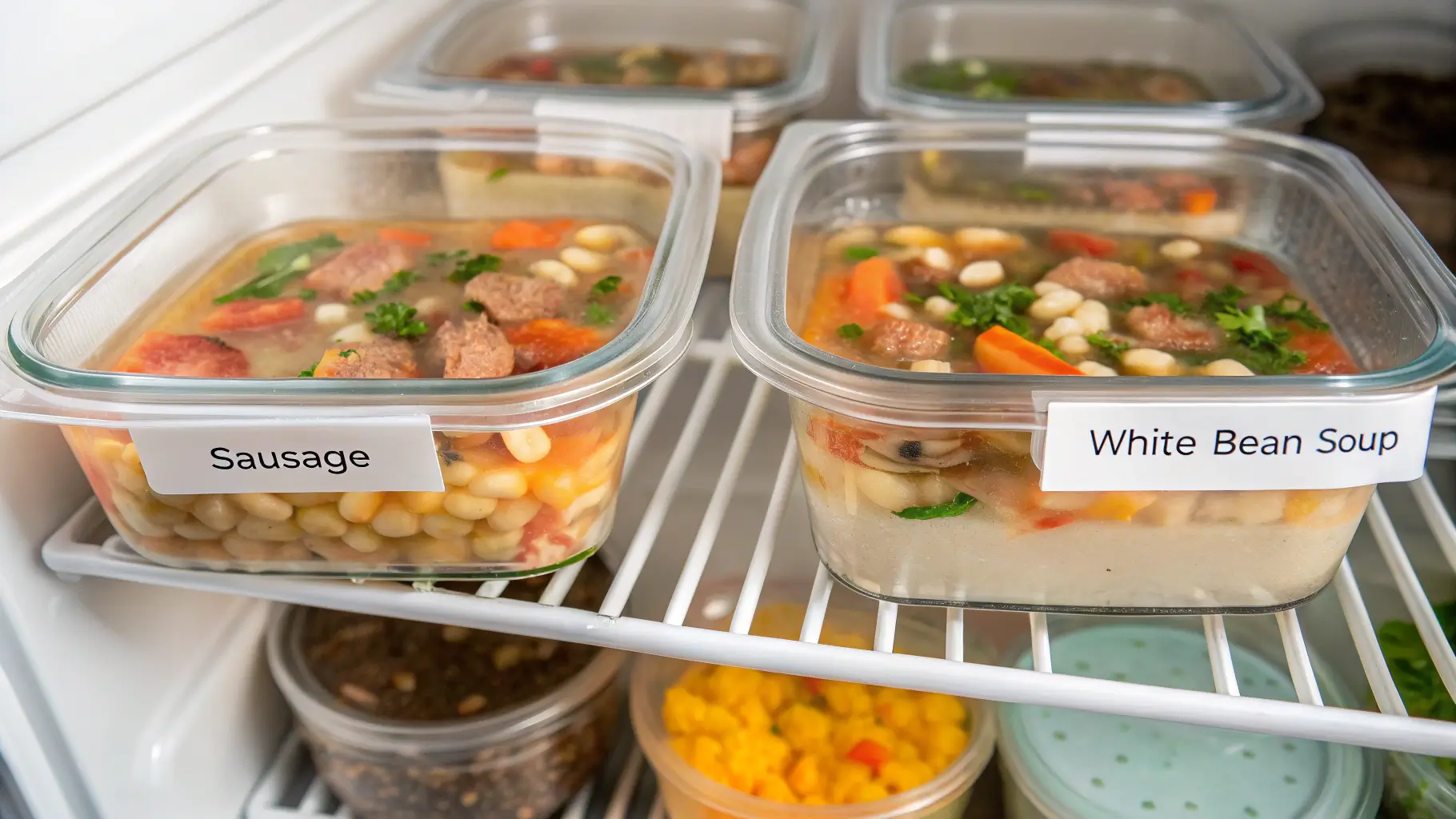 Sausage and white bean soup stored in meal prep containers