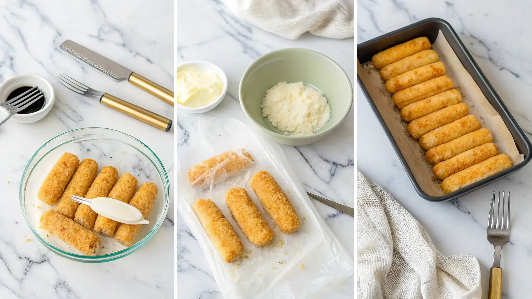 Preparing homemade mozzarella sticks step by step.