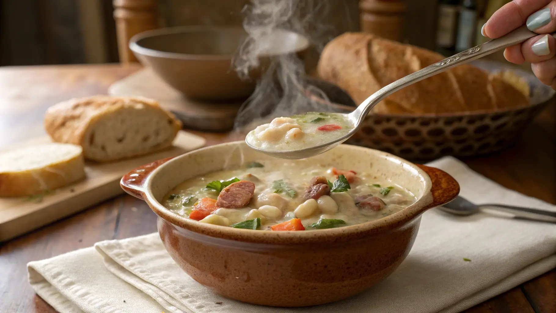 Creamy white bean soup being ladled into a bowl