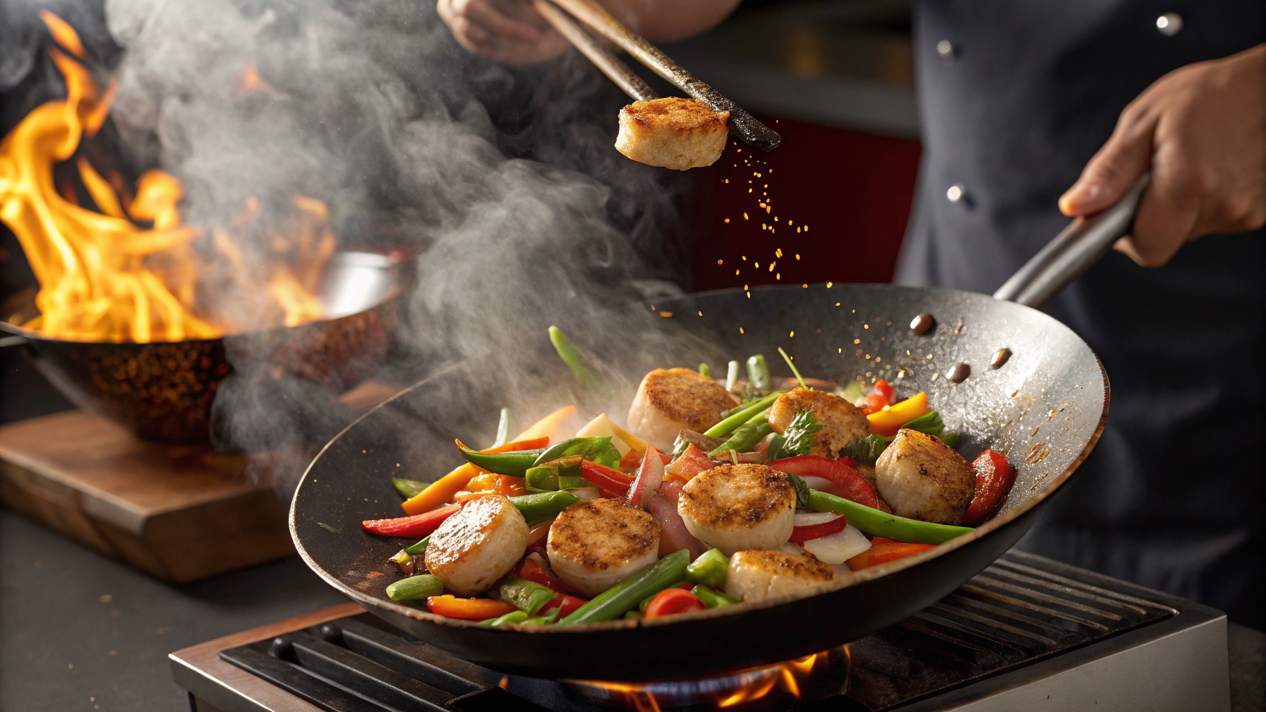 A plated fishcakes and scallops stir-fry with jasmine rice and vegetables.