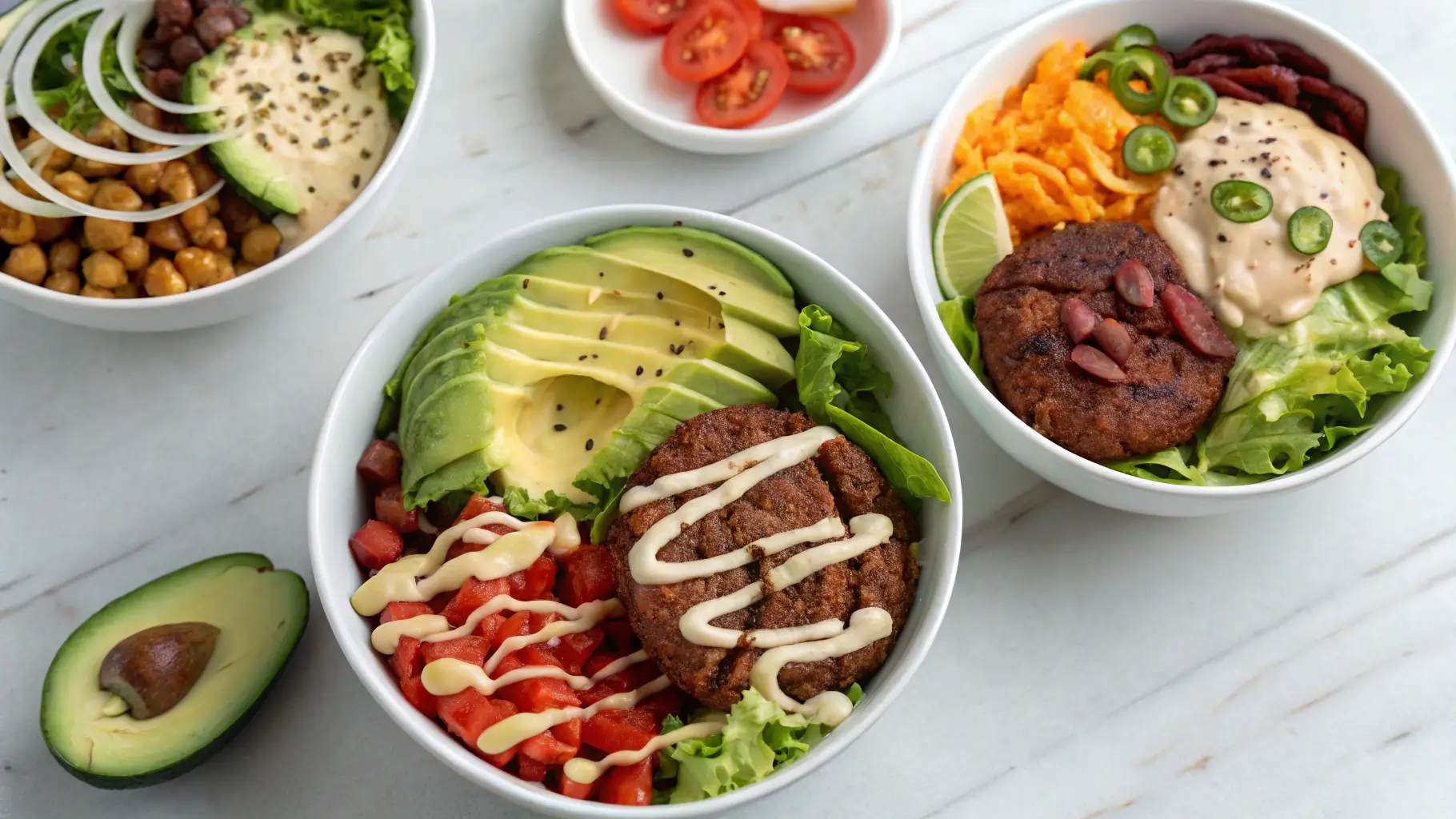 Healthy burger bowl recipe with fresh ingredients