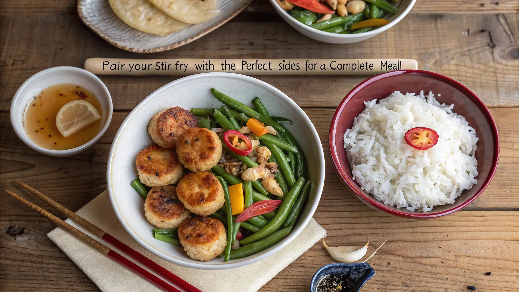 Fresh ingredients for Fishcakes and Scallops Stir-Fry Recipe – scallops and fishcakes on a wooden cutting board with lemon and herbs.