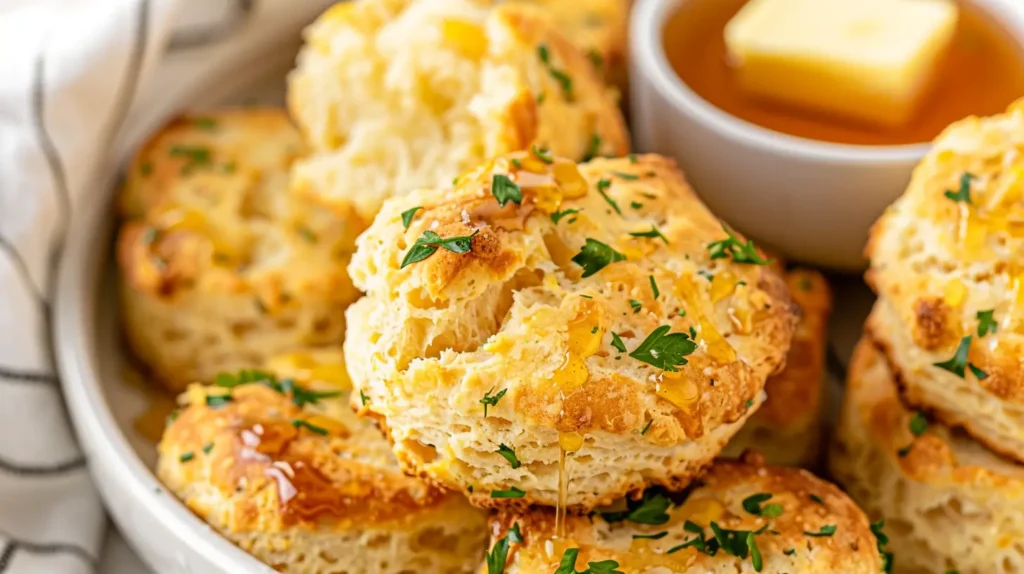 Golden, flaky air fryer biscuits in a basket, crispy on the outside and buttery inside.