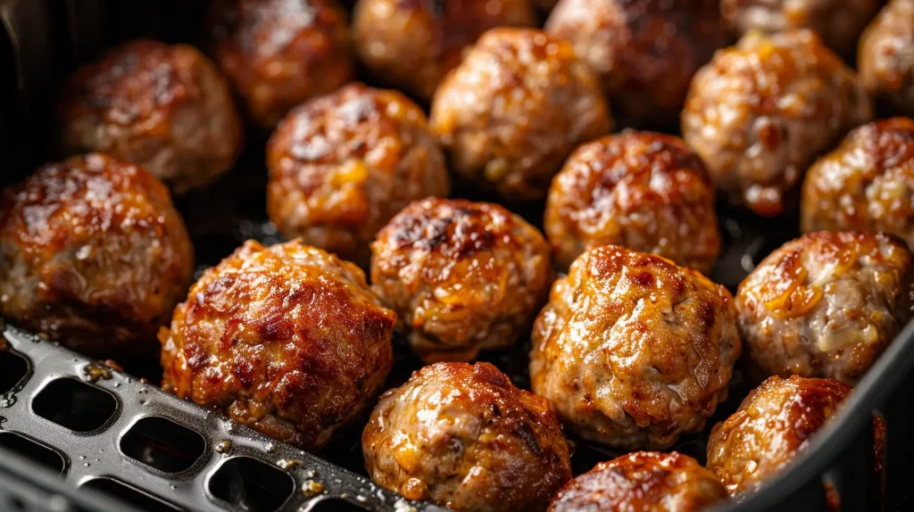 Crispy frozen meatballs in air fryer, freshly cooked.