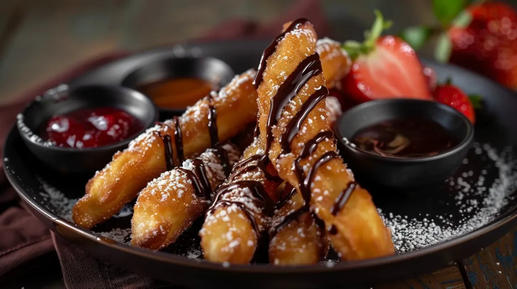 Donut fries with chocolate, caramel, and strawberry dipping sauces