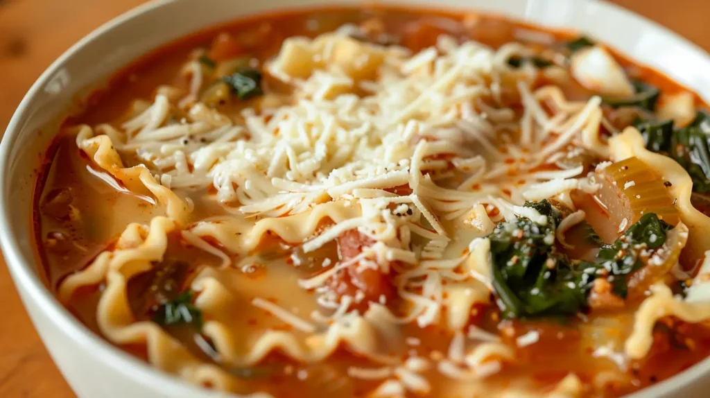 Close-up of Vegetarian Lasagna Soup with Cheese and Vegetables
