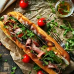 Gourmet roast beef sandwich with fresh herbs and vegetables on rustic parchment paper.