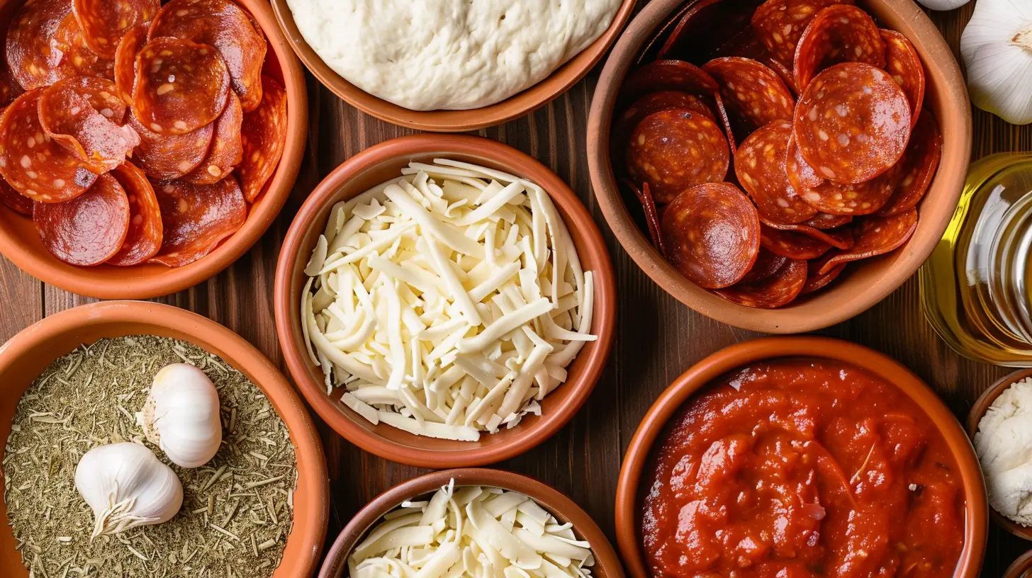 Fresh pepperoni pizza ingredients in ceramic bowls on a wooden countertop