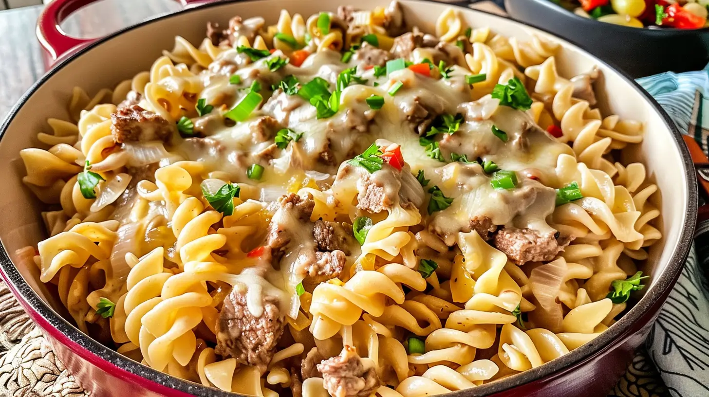 Philly Cheesesteak Pasta with creamy cheese sauce