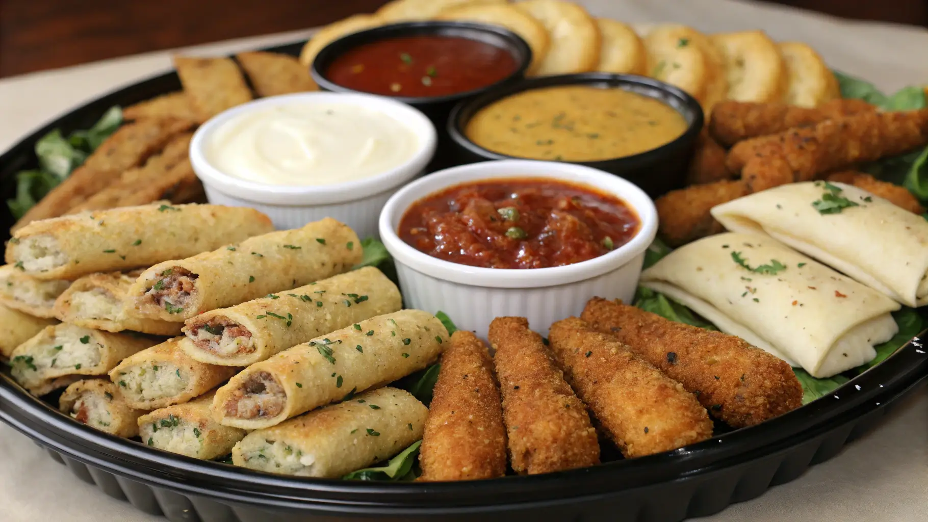 Cheese sticks served with dipping sauces and garnishes.