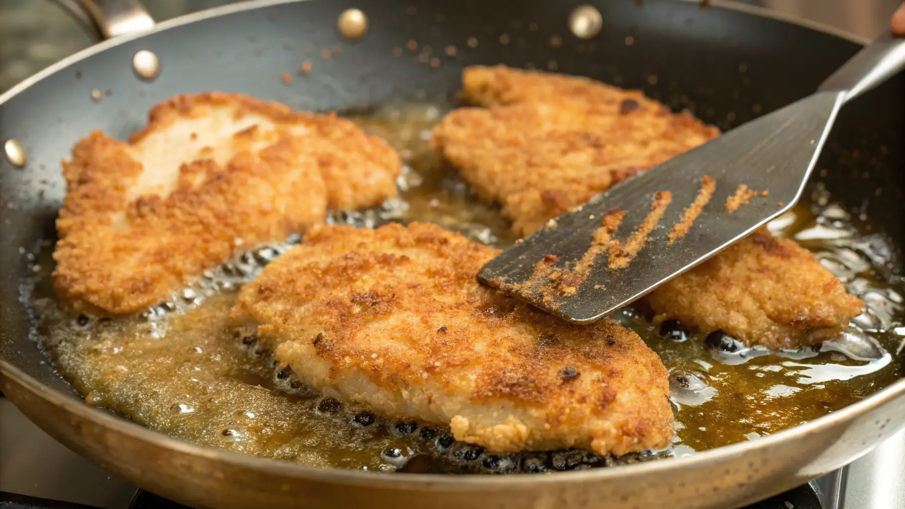 Breaded Chicken Parmesan frying in a pan.