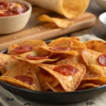 A wooden serving board with crispy pizza chips and a side of marinara.