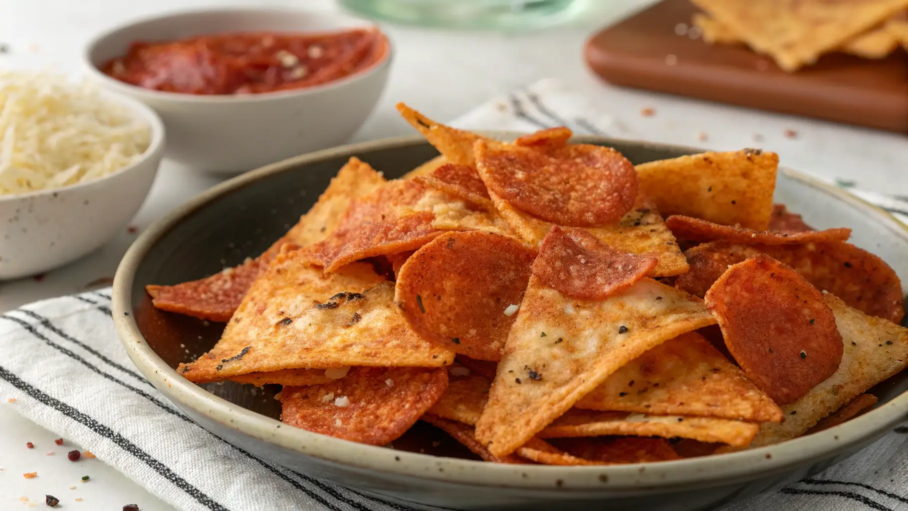 A plate of crispy pizza chips seasoned with black pepper and herbs.