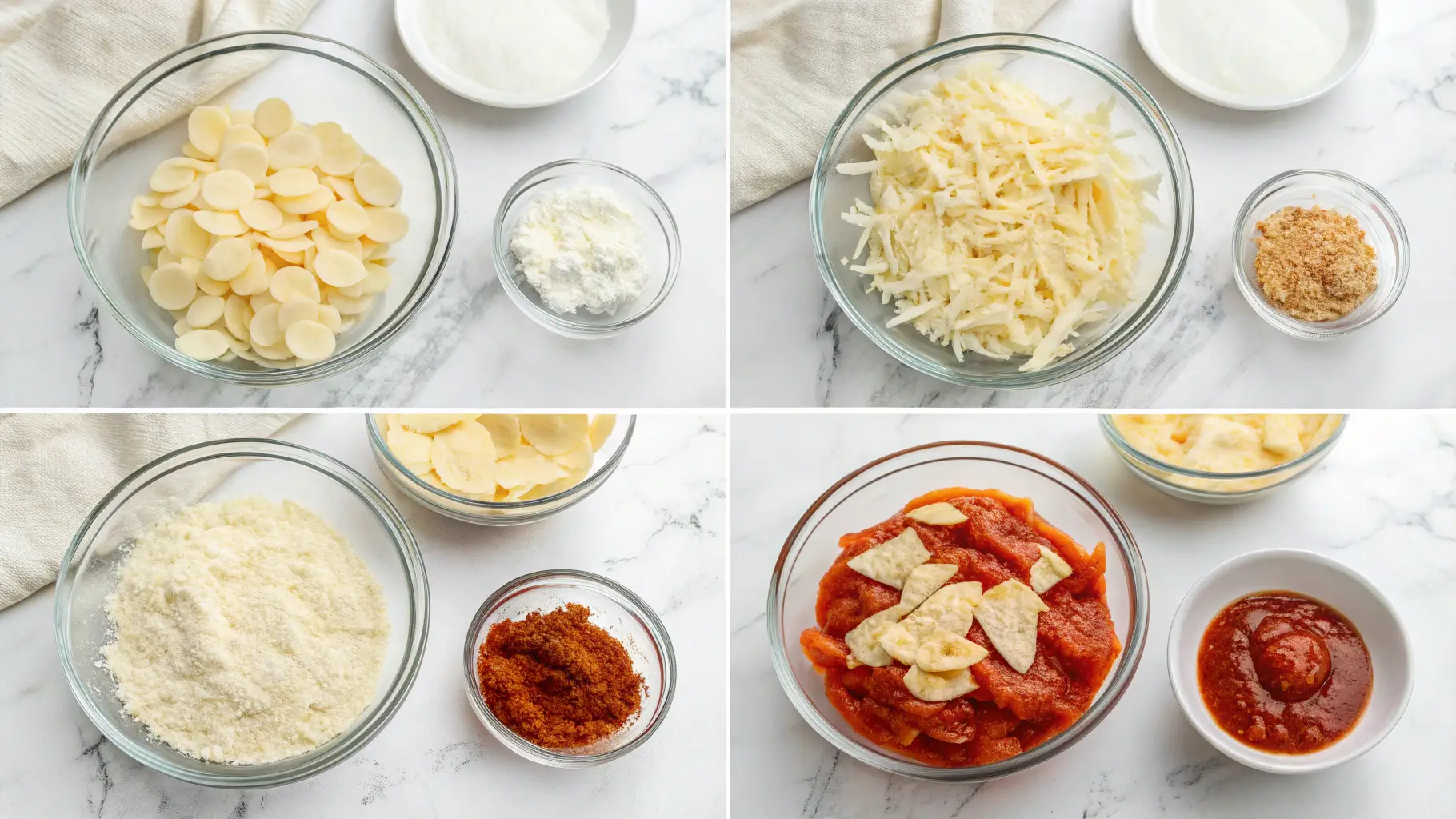 A clean, organized setup of pizza chip ingredients in glass bowls.