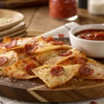 A bowl of crispy pizza chips topped with mini pepperoni, served with marinara sauce.