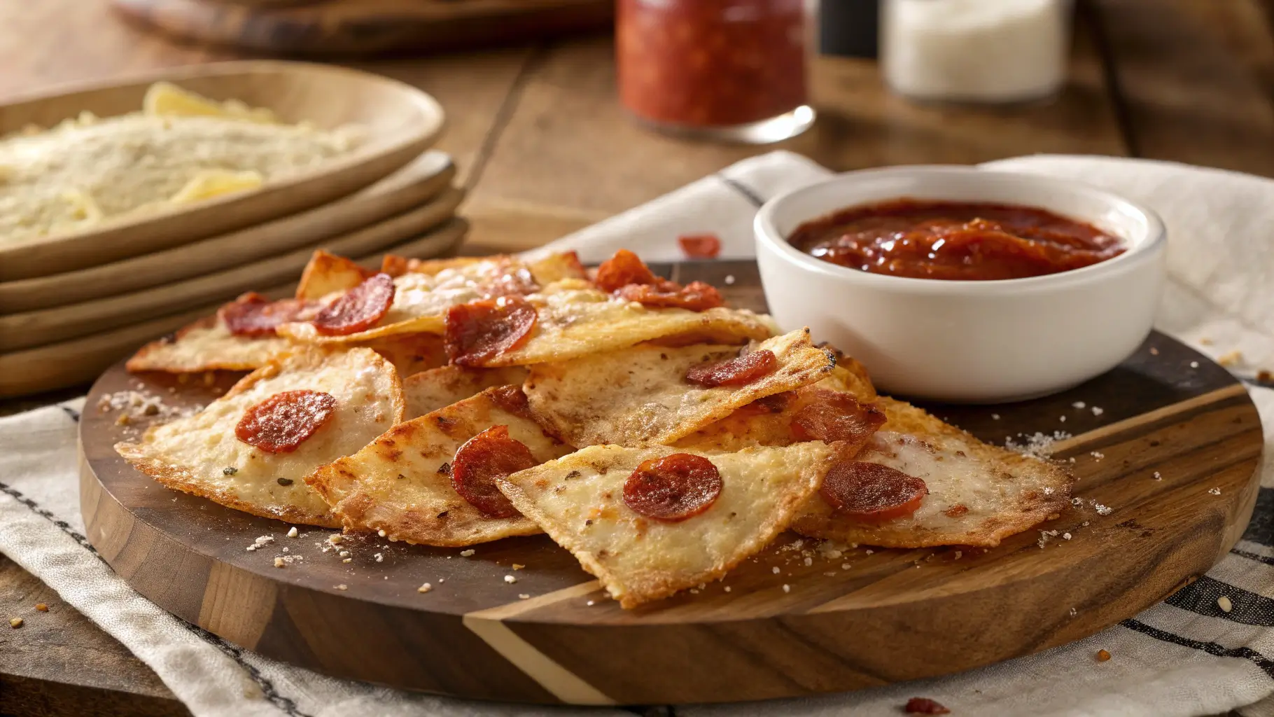 A bowl of crispy pizza chips topped with mini pepperoni, served with marinara sauce.