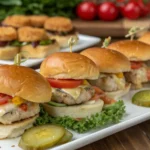 Juicy turkey sliders with melted cheese, fresh tomatoes, and pickles served on a white plate.