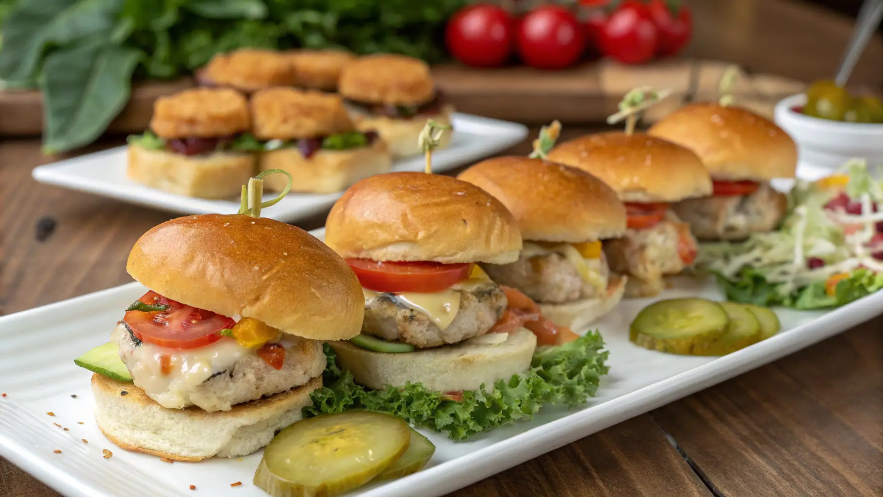 Juicy turkey sliders with melted cheese, fresh tomatoes, and pickles served on a white plate.