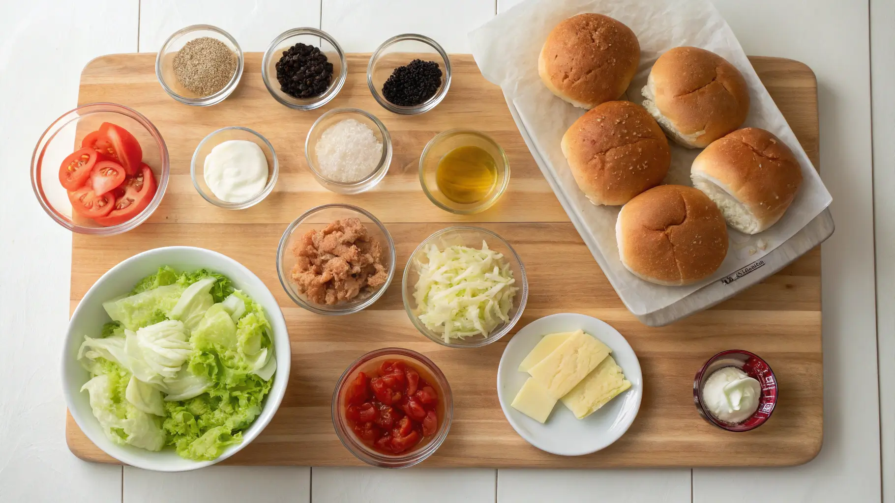 Fresh ingredients for turkey sliders, neatly arranged in small bowls on a wooden board.