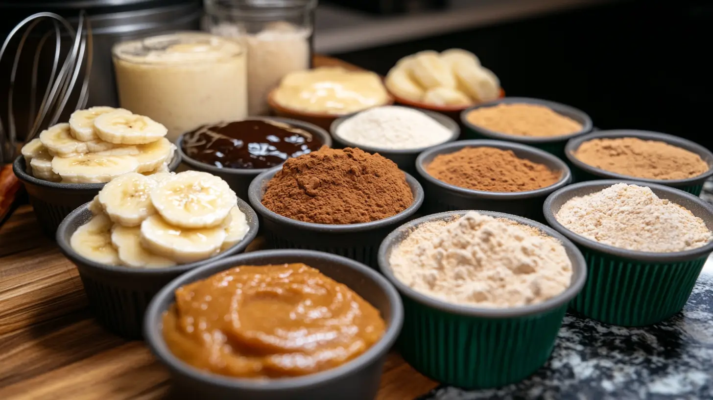 pumpkin-banana-muffins-ingredients Neatly arranged baking ingredients for Pumpkin Banana Muffins in small bowls on a clean wooden countertop, including mashed bananas, pumpkin purée, flour, brown sugar, spices, eggs, oil, and vanilla extract.