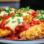 Crispy Chicken Parmesan with melted mozzarella and marinara sauce.