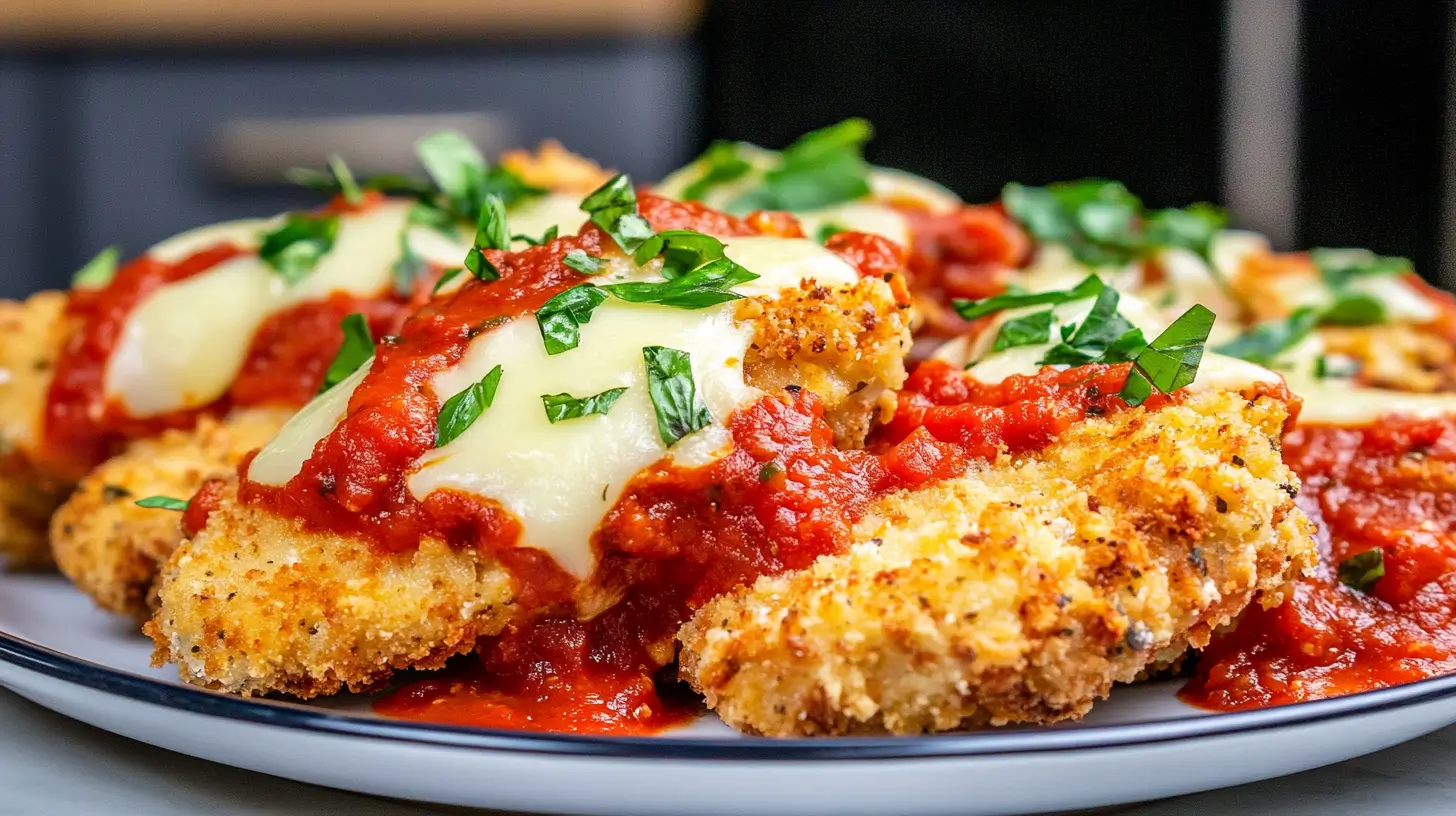 Crispy Chicken Parmesan with melted mozzarella and marinara sauce.