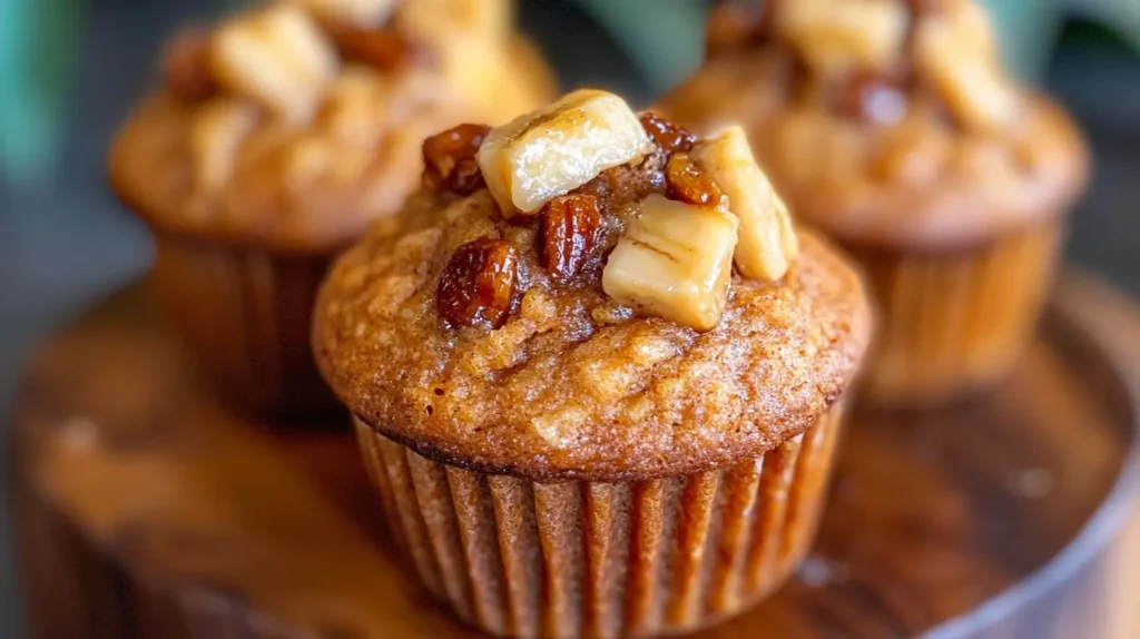 Freshly baked Pumpkin Banana Muffins on a wooden board