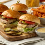 Gourmet turkey sliders with melted cheese and a side of crispy sweet potato fries.