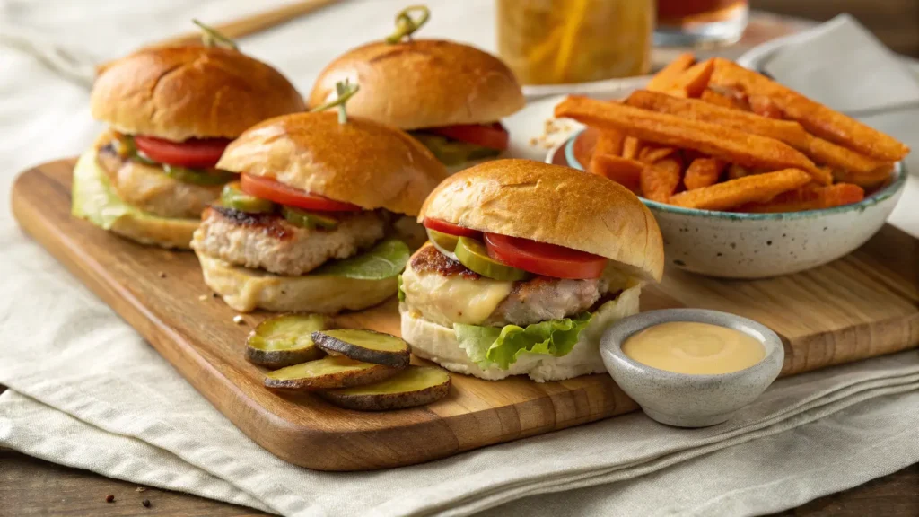 Gourmet turkey sliders with melted cheese and a side of crispy sweet potato fries.