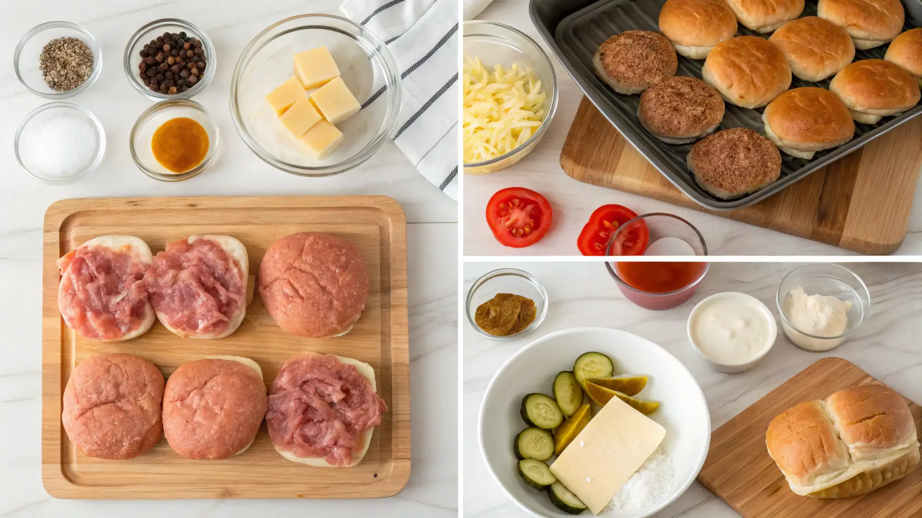 Step-by-step preparation of turkey sliders, from raw ingredients to cooking and assembly.